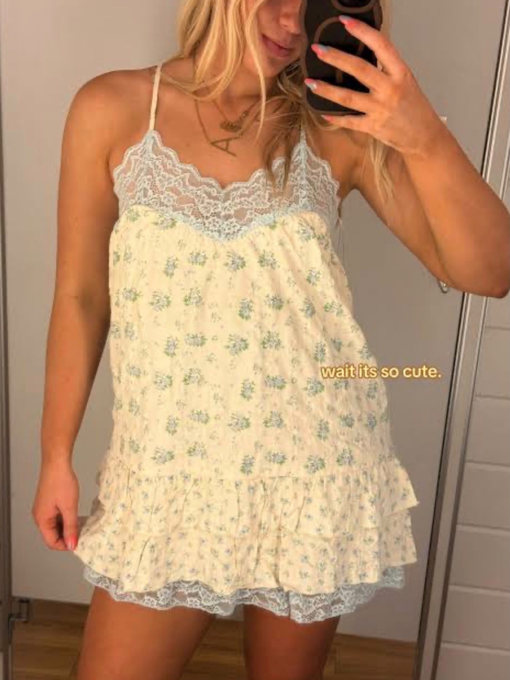 Kirious LA Cottagecore Slip Dress M Floral Print Blue Lace Trim Coquette Boho